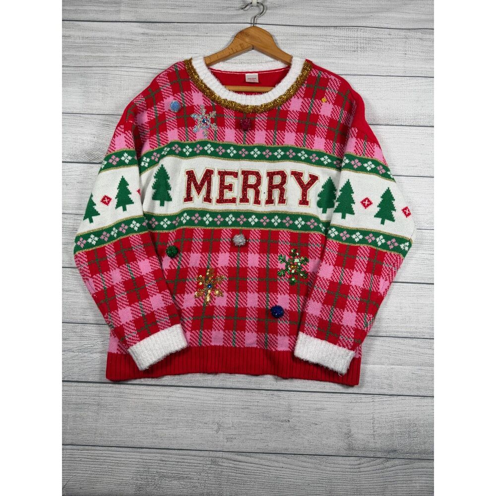 Holiday Time Women’s XXL 20 Merry Ugly Christmas Sweater Plaid Sequin 4125